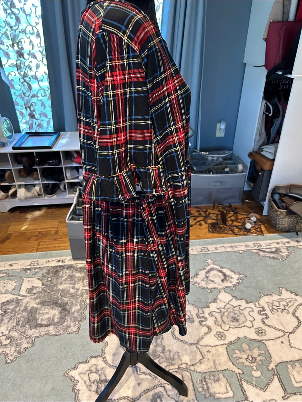 Plaid Midi Dress with Gathered Waist in Red and Black - Picture 3 of 3